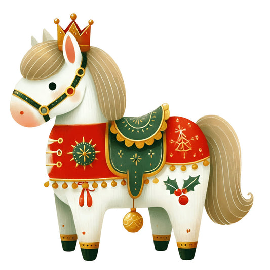 cream, gold, forest green, red, white, horse, crown, royal, holiday, christmas, festive, whimsical, decorative, ornate, elegant, traditional, winter, bells, holly, reindeer, carousel, noble, regal, embellished, fancy, jolly, seasonal, celebration, majestic, gift-worthy