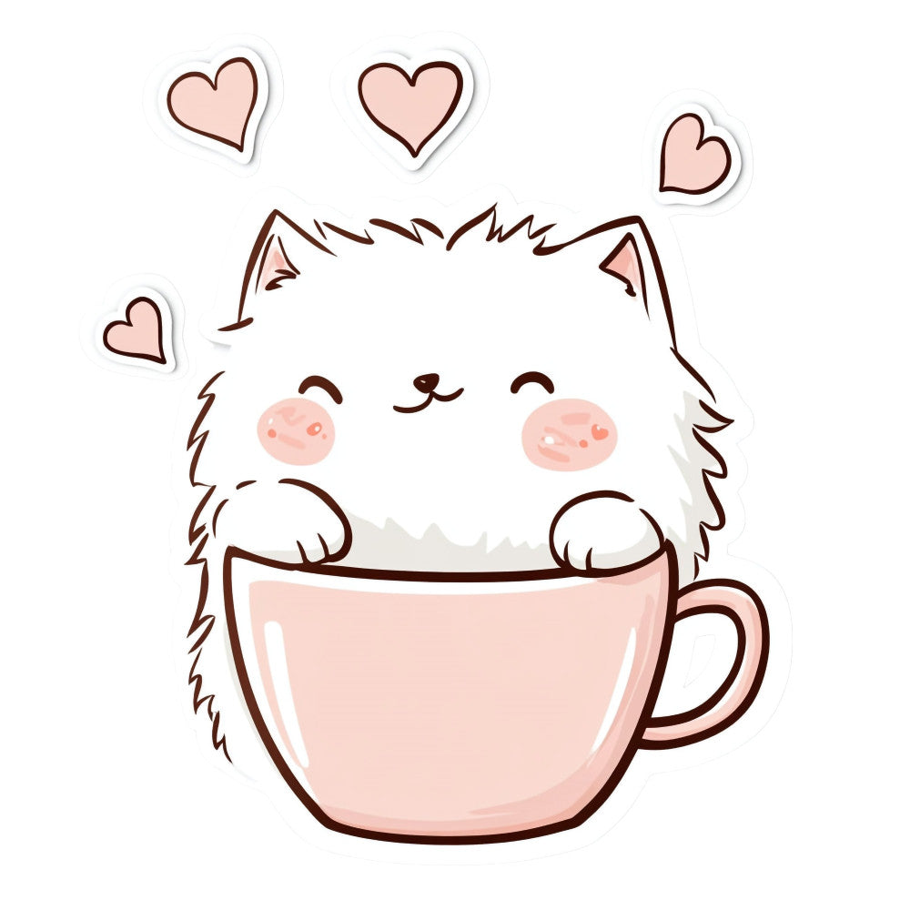 cute cat, fluffy cat, kitten, animals, cat lover, hearts, love, pink, cream, white, brown, blush pink, peach, whimsical, kawaii, adorable, cozy, warm, coffee cup, mug, beverage, sweet, playful, cheerful, cartoon, illustration, girl, kids, nursery, baby