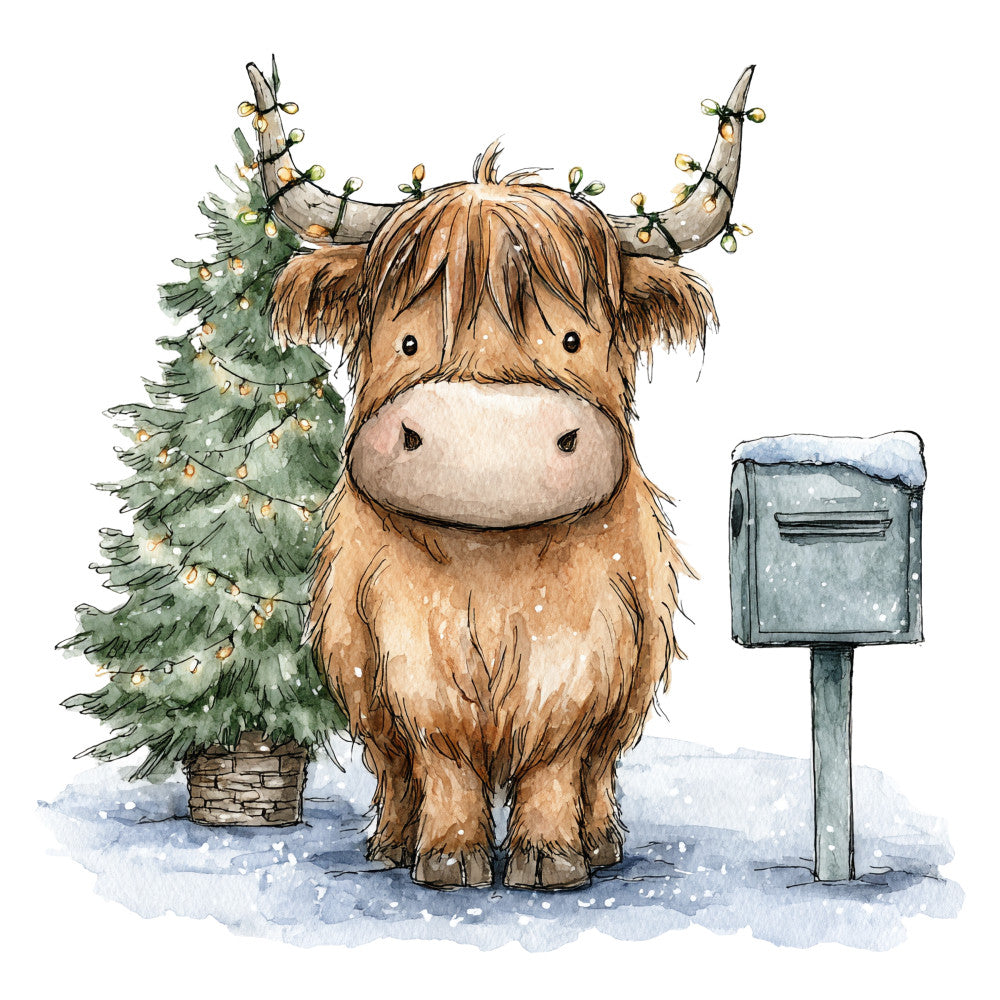 Vintage Christmas Highland Cows Fabric Panel 17