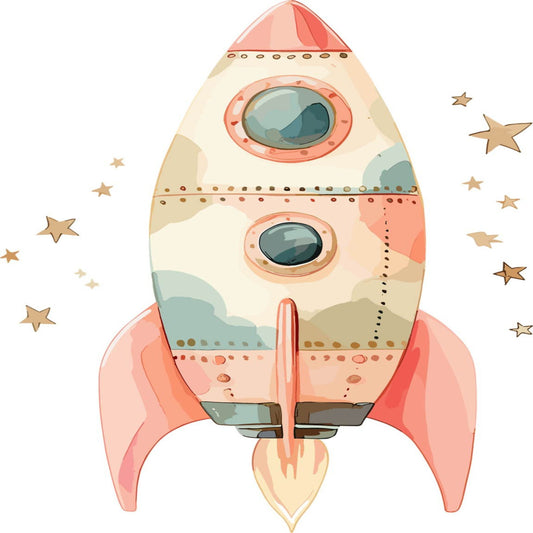 rocket, spaceship, celestial, stars, space theme, outer space, children's, kids, nursery, baby, whimsical, playful, cream, coral pink, sage green, dusty blue, peach, tan, beige, adventure, exploration, vintage style, retro, whimsy, boy's nursery, space adventure, porthole windows, blast off, cosmic, starry