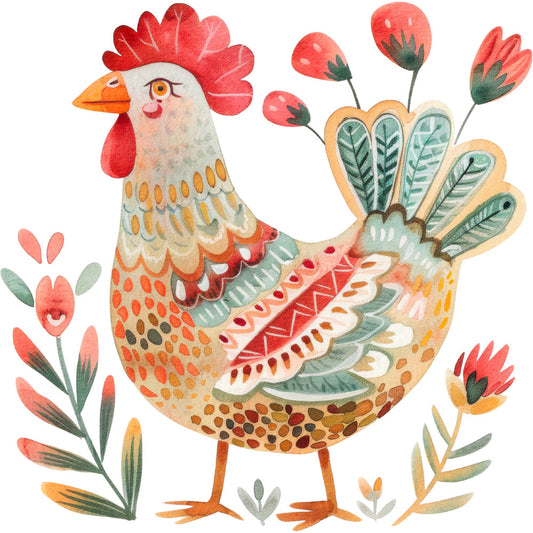 Folk Chicken Fabric Panel 16