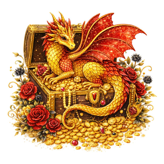 gold dragon, red dragon, fantasy dragon, treasure chest, gold coins, jewels, ruby red, golden yellow, deep red, metallic gold, dragon design, mythical creature, treasure theme, fantasy theme, decorative roses, red roses, ornate, elegant, whimsical, magical, adventure theme, fantasy adventure, treasure hunt, ornamental, baroque style, jeweled embellishments, pearl beads, gemstones, decorative florals, botanical elements