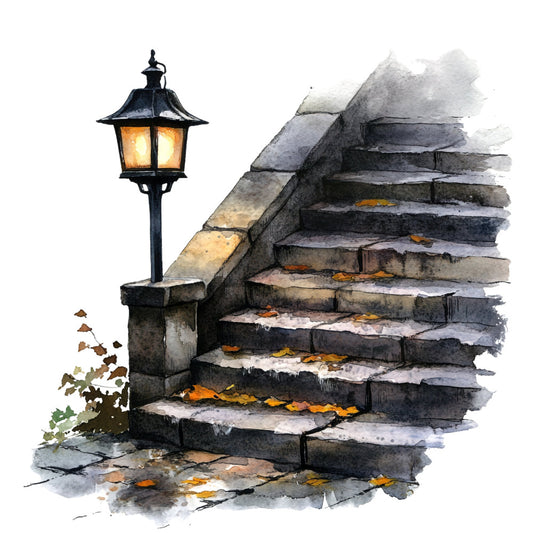 autumn leaves, stone steps, lantern, warm light, cozy scene, fall foliage, vintage aesthetic, rustic style, architectural, evening ambiance, weathered stone, golden yellow, charcoal gray, cream white, nostalgic, cottage core, traditional, nature scene, landscape, stairway, pathway, seasonal, autumn atmosphere, whimsical illustration, watercolor style, decorative panel, wall hanging, home decor
