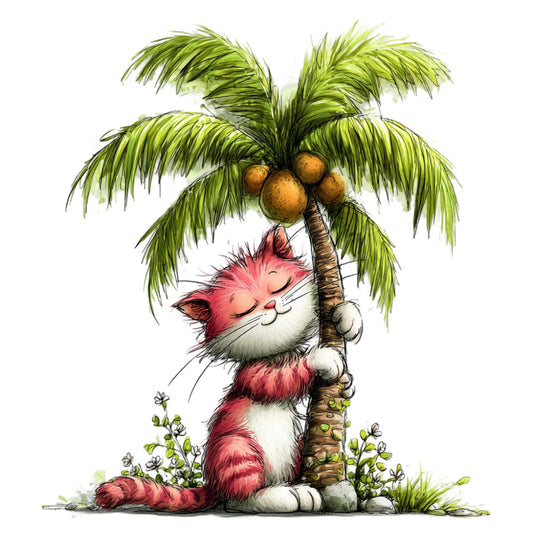 coral pink, cream white, forest green, lime green, brown, whimsical, cute cat, playful, tropical, palm tree, nature, animals, cat illustration, relaxed pose, sleeping cat, dreamy, children's, kids' fabric, garden plants, coconut palm, island theme, adventure, fantasy, charming, decorative, artistic, illustrated, peaceful, serene, children's bedding