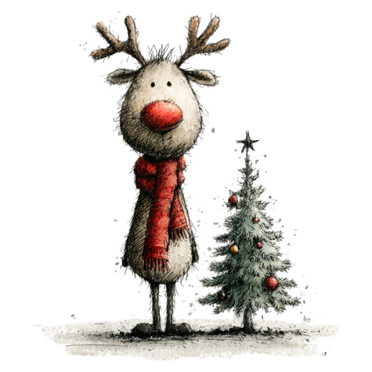 reindeer, christmas, holiday, red nose, festive, winter, whimsical, cute animals, scarf, evergreen tree, star, ornaments, rustic, charming, illustration, watercolor, grey, cream, red, forest green, children's, playful, jolly, decorative, christmas tree, animal design, cozy, traditional holiday, nostalgic