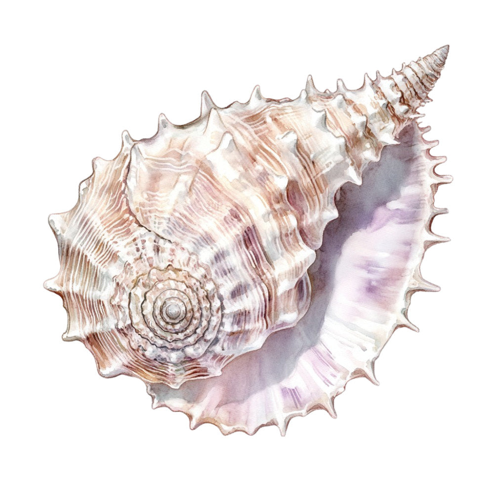 Watercolor Sea Shells Fabric Panel 21 featuring a detailed, soft pastel watercolor seashell design on premium quilting cotton.