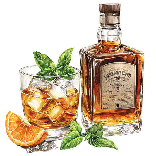 bourbon bottle, whiskey glass, amber liquid, ice cubes, orange slices, mint leaves, green foliage, brown tones, golden hues, clear glass, fabric panel, quilting cotton, watercolor style, realistic illustration, bar scene, cocktail motif, spirits theme, beverage design, rustic elements, vintage bottle