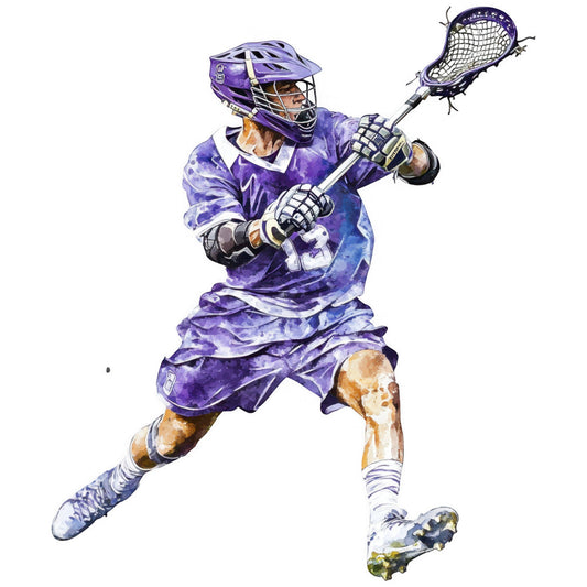 purple, royal purple, white, gold, orange, sports, lacrosse, athlete, action, dynamic, male figure, portrait, watercolor, abstract, modern, athletic wear, sports equipment, lacrosse stick, helmet, protective gear, youth, teenage, energetic, contemporary, illustrated, painterly, team sports, competitive, skill-based sport