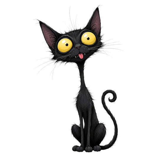 black cat, yellow eyes, whimsical, playful, cartoon cat, silly expression, tongue out, animal print, gothic, halloween, black and white, cute cat, fun design, modern, quirky, cat lovers, pet themed, children's fabric, character print, festive, spooky, kitten, expressive eyes, humorous, novelty print, decorative, contemporary style