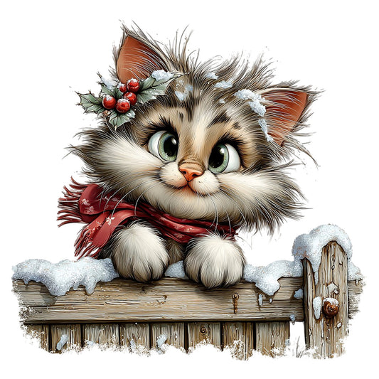 cute cat, fluffy kitten, winter cat, holiday cat, christmas cat, snow scene, snowy, woodland, forest animals, cat face, tabby cat, brown and white, cream white, red ribbon, holly berries, festive, whimsical, playful, charming, vintage illustration, storybook, children's, animal portrait, seasonal, winter holiday, rustic wood, cozy, adorable, feminine, decorative panel