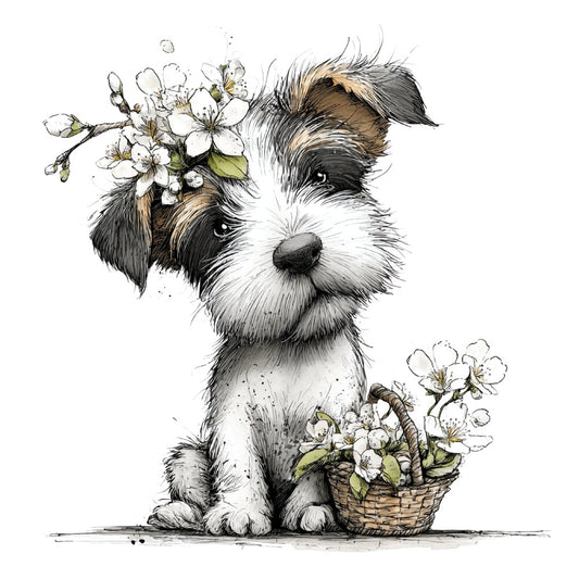 dog, puppy, terrier, white and black, tan and brown, cream, charcoal, floral, flowers, blossoms, spring, nature, animals, whimsical, cute, sweet, innocent, botanical, basket, flower basket, spring flowers, sketch style, line art, illustration, children's, baby, nursery, cottage core, farmhouse, gentle