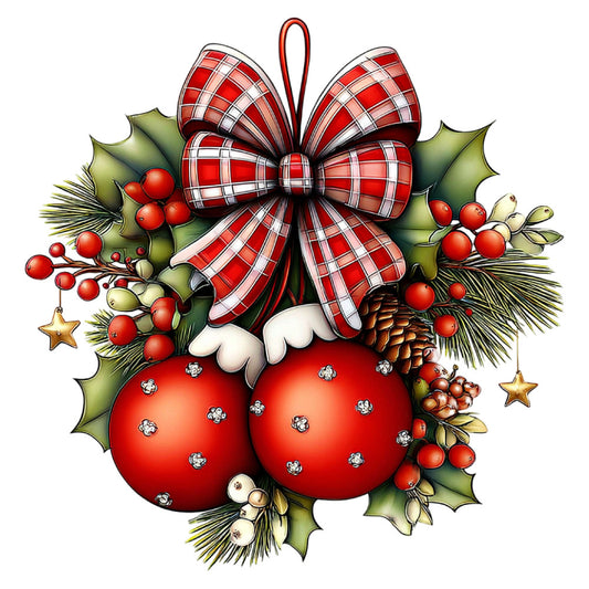 red, white, cream, forest green, sage green, gold, plaid, checkered, holly, berries, pine cones, stars, bow, ribbon, Christmas, holiday, festive, elegant, traditional, whimsical, ornaments, baubles, winter, evergreen, nature, decorative, gift wrap inspired, vintage, classic