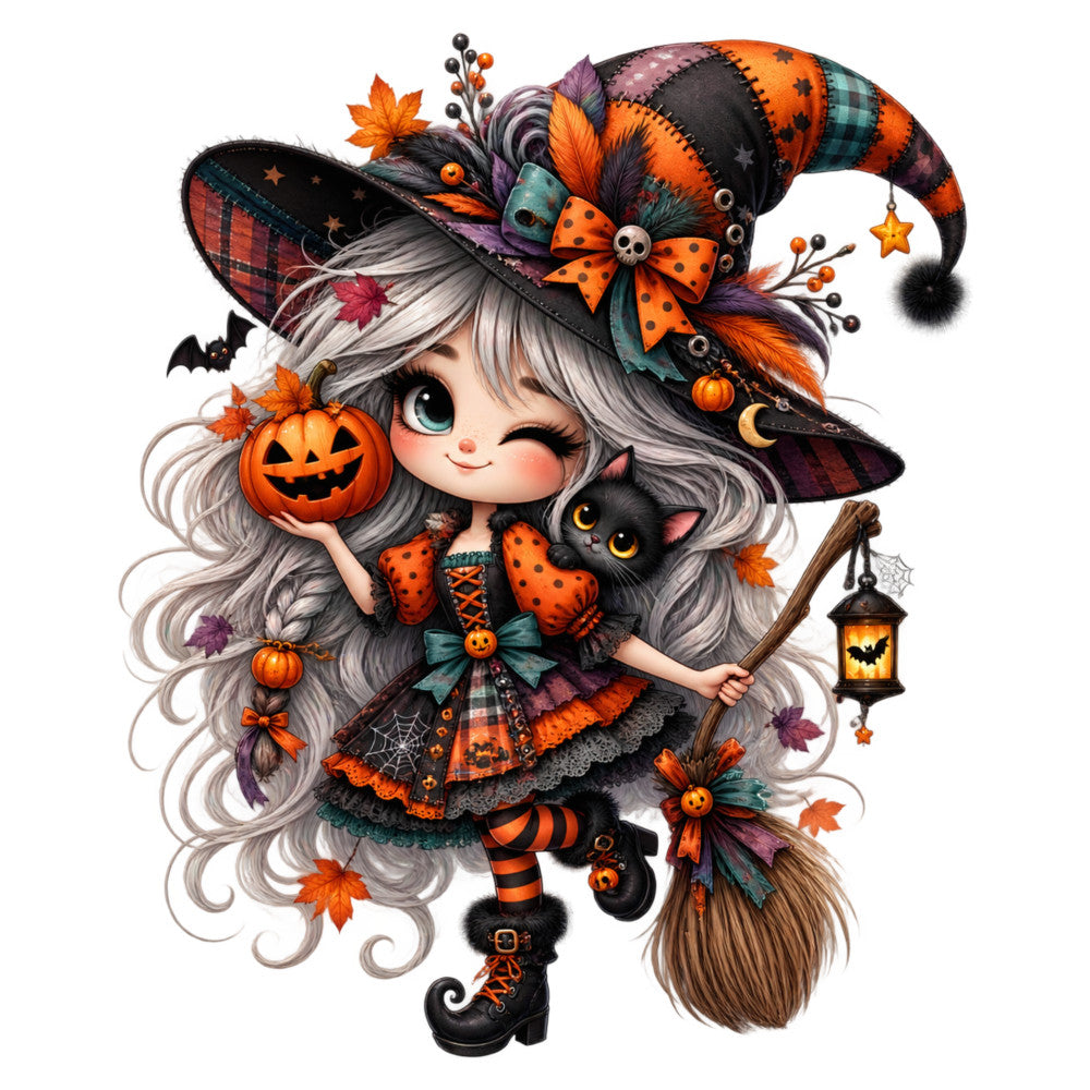 halloween witch, orange and black, gray hair, witch hat, jack-o-lantern, pumpkin, autumn, fall, whimsical, cute, spooky, black cat, broomstick, lantern, stars, moon, plaid, striped, orange, black, teal, purple, festive, holiday, children's, magical, enchanted, bow, leaves, bat