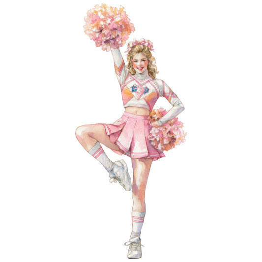 cheerleader, pom poms, retro, vintage, 1980s, 80s, nostalgia, pink, coral pink, peach, cream, blonde hair, curled hair, sports, athletic, girl power, whimsical, playful, fun, kitschy, campy, illustration, character, figure, decorative panel, novelty, pop culture, retro style, pastel pink