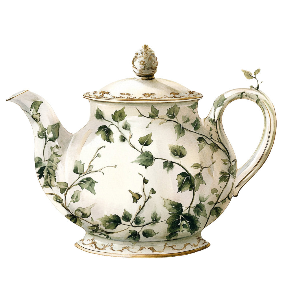 sage green, cream, ivory, botanical, floral, vintage, ivy, leaves, nature, elegant, traditional, spring, garden, climbing vines, teapot, ornamental, botanical print, timeless, classic, heritage, damask trim, gold accents, decorative, refined, cottage style, heirloom, english garden, leaf motifs, botanical illustration