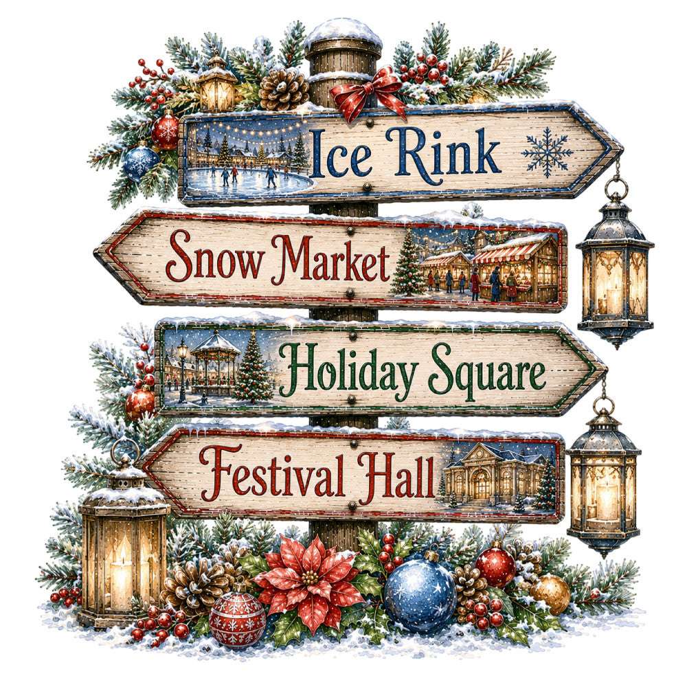 winter holiday, christmas, snow market, ice rink, festival hall, holiday square, directional sign, wooden signs, rustic, vintage, red, navy blue, forest green, gold, cream, poinsettia, evergreen, pine branches, pinecones, ornaments, baubles, lanterns, festive, traditional, winter village, snowy scene, holiday decorations, elegant, nostalgic, winter landscape