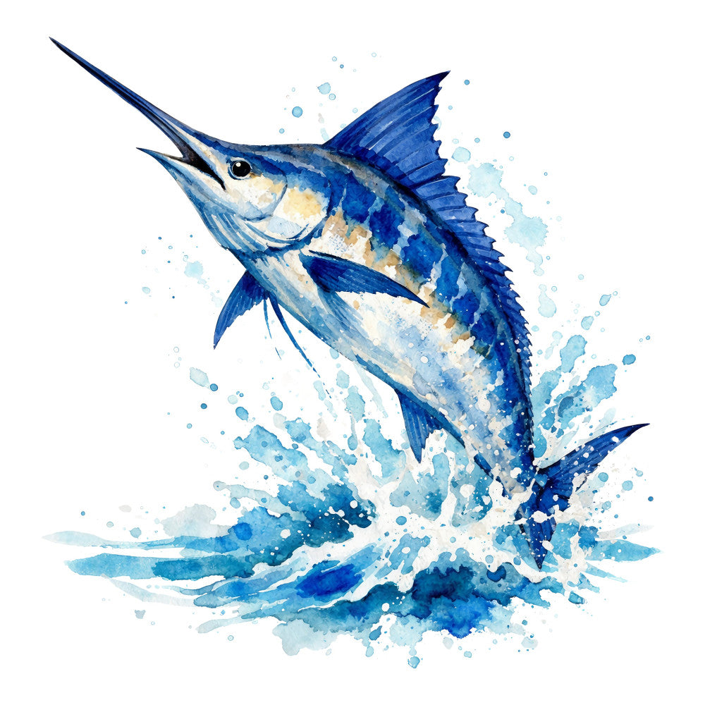 blue marlin, sailfish, watercolor, ocean, nautical, fish, sea life, marine, splatter, abstract, navy blue, cobalt blue, cream, ivory, tan, beige, jumping fish, sports fishing, coastal, watercolor splash, artistic, modern, elegant, dynamic motion, action scene, contemporary art