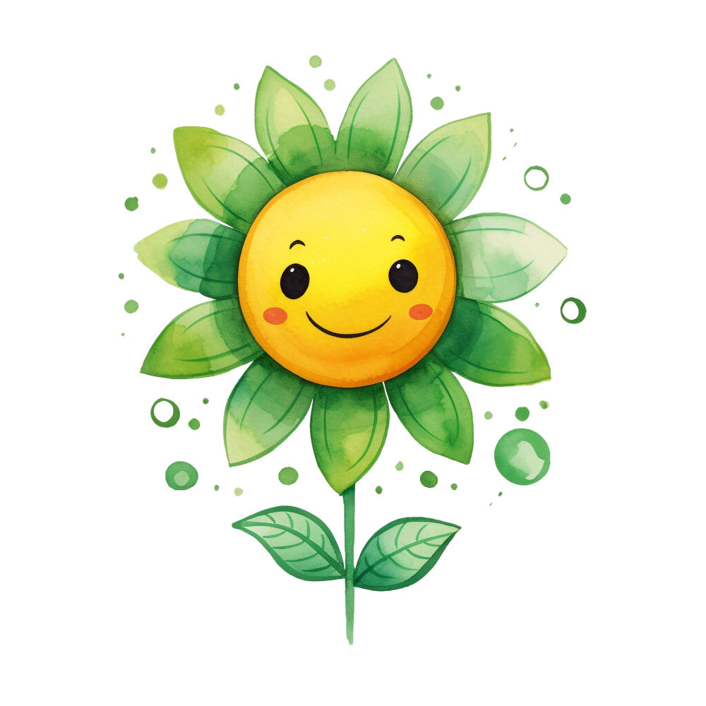 yellow, green, orange, smiling flower, happy face, sunflower design, cute character, cheerful expression, watercolor style, botanical illustration, fabric panel, quilting cotton, spring theme, garden motif, kawaii style, bright colors, floral design, children's fabric, whimsical art, nature inspired