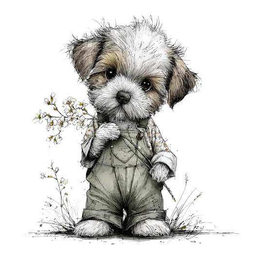 puppy, dog, shih tzu, small dog, adorable, cute animal, whimsical, playful, brown and white, tan and cream, neutral colors, dressed dog, overalls, clothing, holding flowers, botanical, wildflowers, nature, charming, storybook, children's, baby, nursery, vintage inspired, hand drawn, illustration, character panel, farmhouse, sweet, gentle