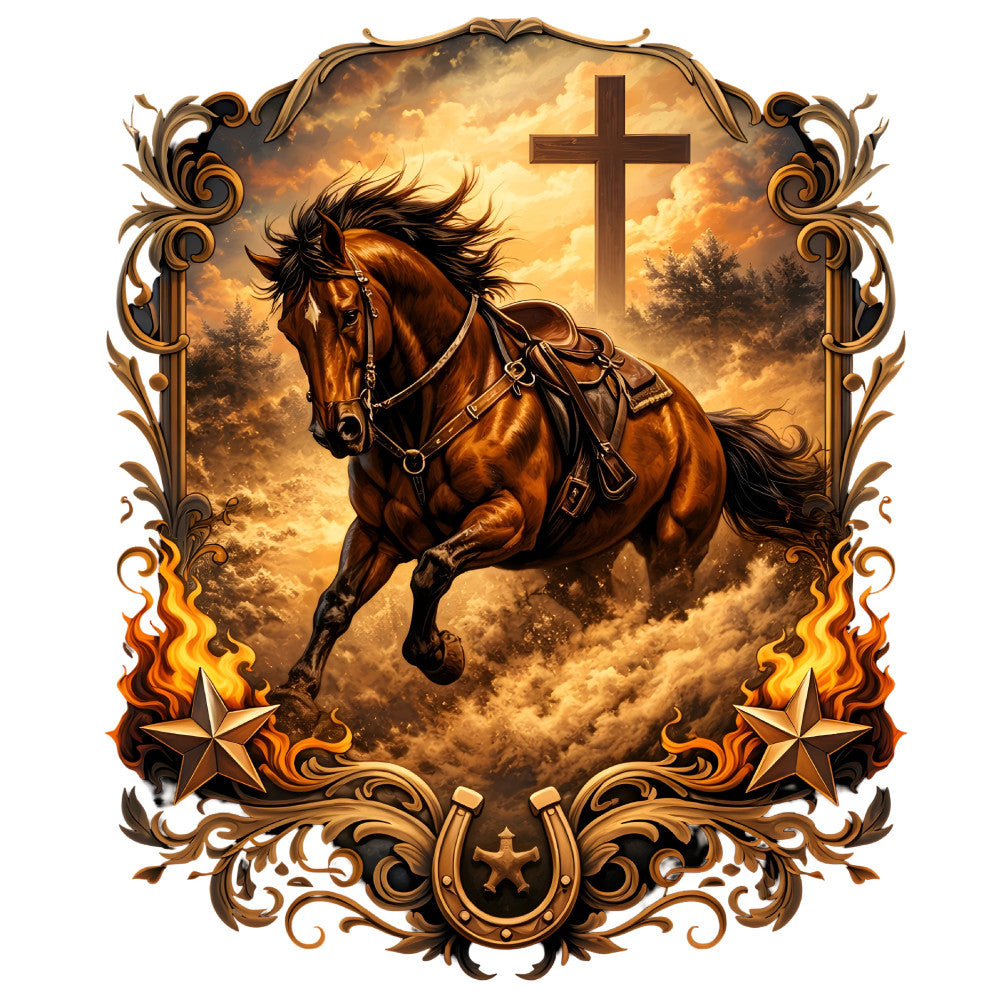 western, cowboy, horse, religious, cross, spiritual, faith, gold, bronze, brown, tan, cream, orange, amber, sunset, stars, horseshoe, flames, fire, ornate, baroque, decorative border, vintage, rustic, southwest, ranch, equestrian, celestial, inspirational, traditional