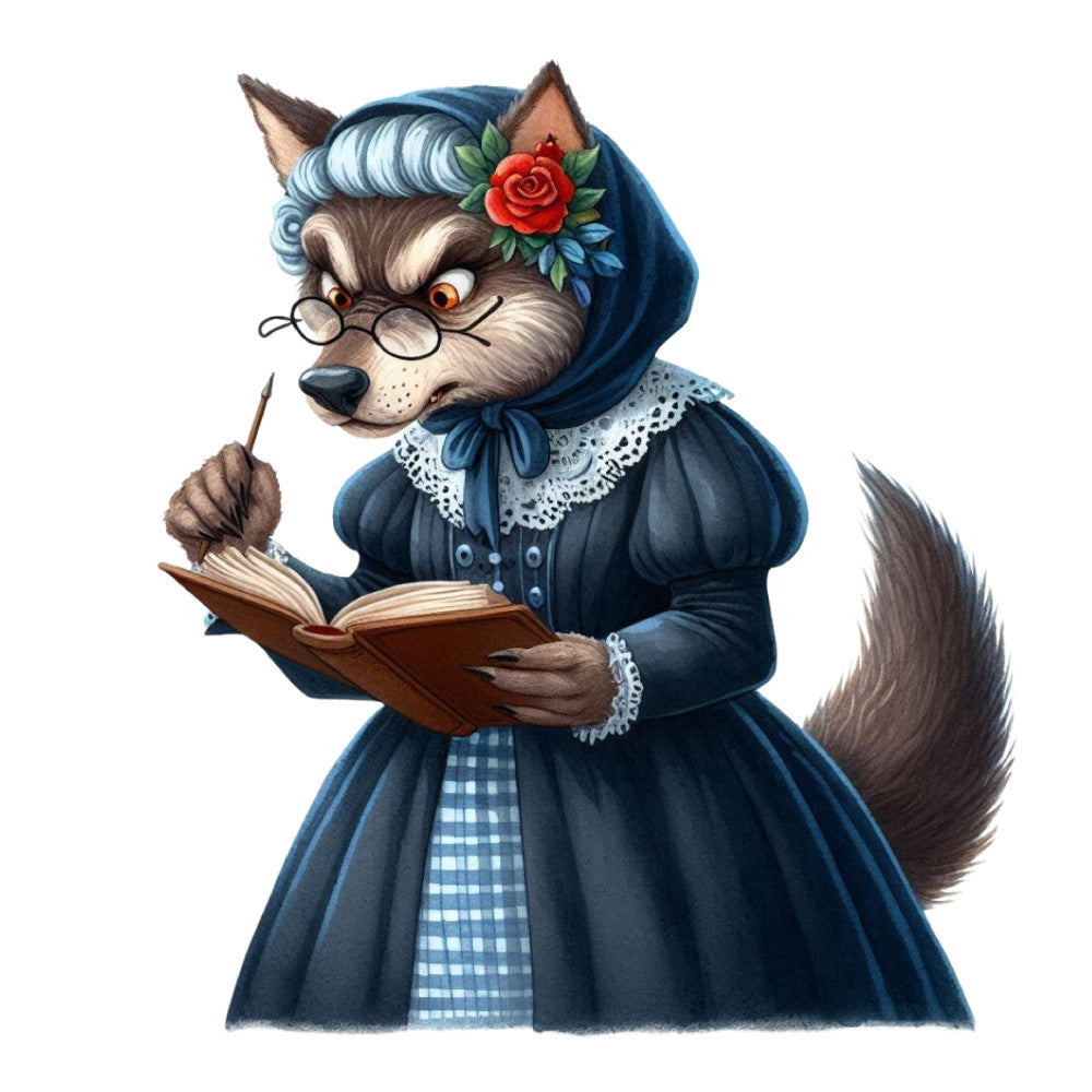navy blue, cream, white, brown, red rose, charcoal gray, light blue, gingham check, floral, whimsical, vintage, animal characters, anthropomorphic, woodland creature, wolf, fox, grandmother, old-fashioned, victorian, traditional, elegant, storybook, children's illustration, folk art, rustic, reading, book lover, literary, lace collar, bonnet