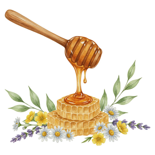 honey dipper, honeycomb, golden yellow, cream, white, lavender purple, sage green, daisy, chamomile, floral, nature, botanical, spring, summer, rustic, whimsical, cottage core, farmhouse, honey theme, bees, pollinator, wildflowers, garden, natural, vintage, sweet, decorative, home decor, wall hanging