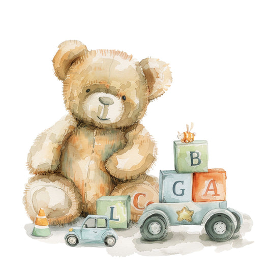teddy bear, nursery, baby, soft pastels, cream, soft yellow, sage green, pale blue, coral orange, whimsical, vintage, toys, building blocks, toy cars, construction, playroom, children's, cute, sweet, storybook, watercolor, gentle, soft illustration, alphabet, learning, educational, baby shower, nursery decor