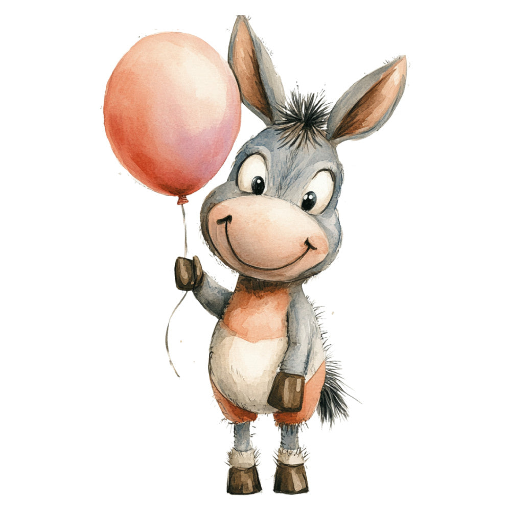 cute donkey, gray donkey, coral balloon, whimsical animals, children's illustration, nursery decor, baby animals, soft pastels, gentle illustration, farmyard animals, playful character, cream colored, tan accents, rust orange, sweet expression, happy animals, storybook style, children's fabric, baby quilt, nursery theme, springtime, cheerful design, adorable motif, animal character, watercolor style, youth-themed, playful theme, gift wrapping, decorative panel