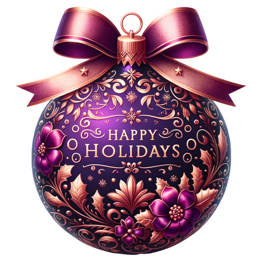 burgundy, purple, rose gold, copper, metallic sheen, christmas ornament, decorative bow, floral motifs, swirl patterns, ornate design, fabric panel, holiday theme, elegant styling, festive decoration, winter seasonal, quilting cotton, botanical elements, luxurious appearance, ornamental ball, ribbon bow
