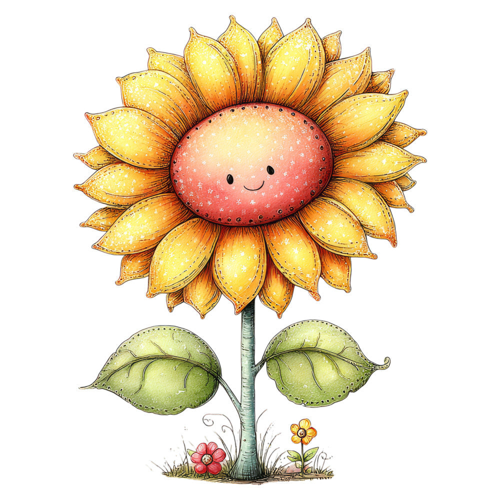 sunflower, happy face, smiling flower, golden yellow, coral pink, sage green, whimsical, cheerful, cute, charming, nature, botanical, floral, spring, summer, children's, kid-friendly, playful, illustration, storybook, garden, flowers, leaves, stem, grass, buttercup yellow, blush pink, moss green, artistic, hand-drawn