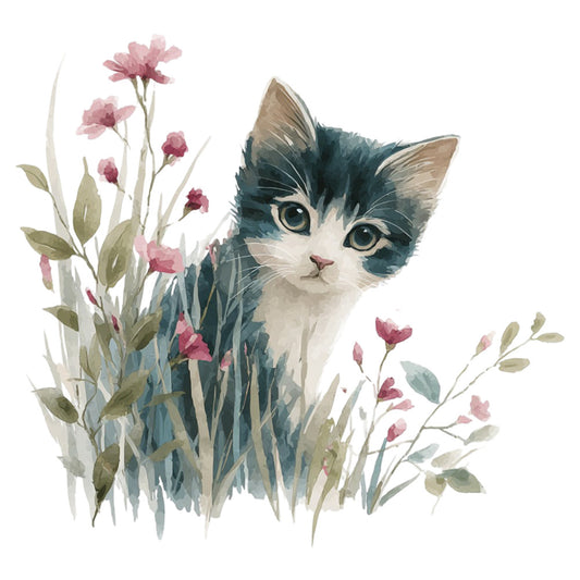 teal and white cat, pink flowers, botanical, watercolor, kitten, floral cat, nature, whimsical, delicate florals, sage green, dusty rose, cream, soft colors, animal themed, garden flowers, spring, elegant, gentle, artistic, cat lover, pet portrait, wildflowers, carnations, leaf motifs, pastel palette, cottage core, children's fabric, nursery, decorative panel