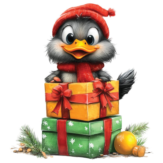 whimsical duck, christmas theme, red knit hat, red scarf, orange beak, gray feathers, white chest, gift boxes, yellow box, green box, red ribbons, snowflake pattern, pine branches, gold ornament, holiday scene, cute character, winter accessories, fabric panel, quilting cotton, festive colors