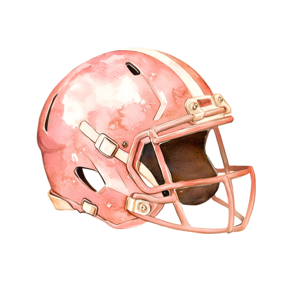 coral pink, rose pink, blush pink, watercolor, sports, football helmet, athletic, masculine, geometric, modern, whimsical, playful, team sports, football fan, boys, children, youth, novelty, casual style, illustrated, graphic design, sports themed, helmet design, ball sports, team gear, pastel pink, watercolor effect, textured, detailed illustration