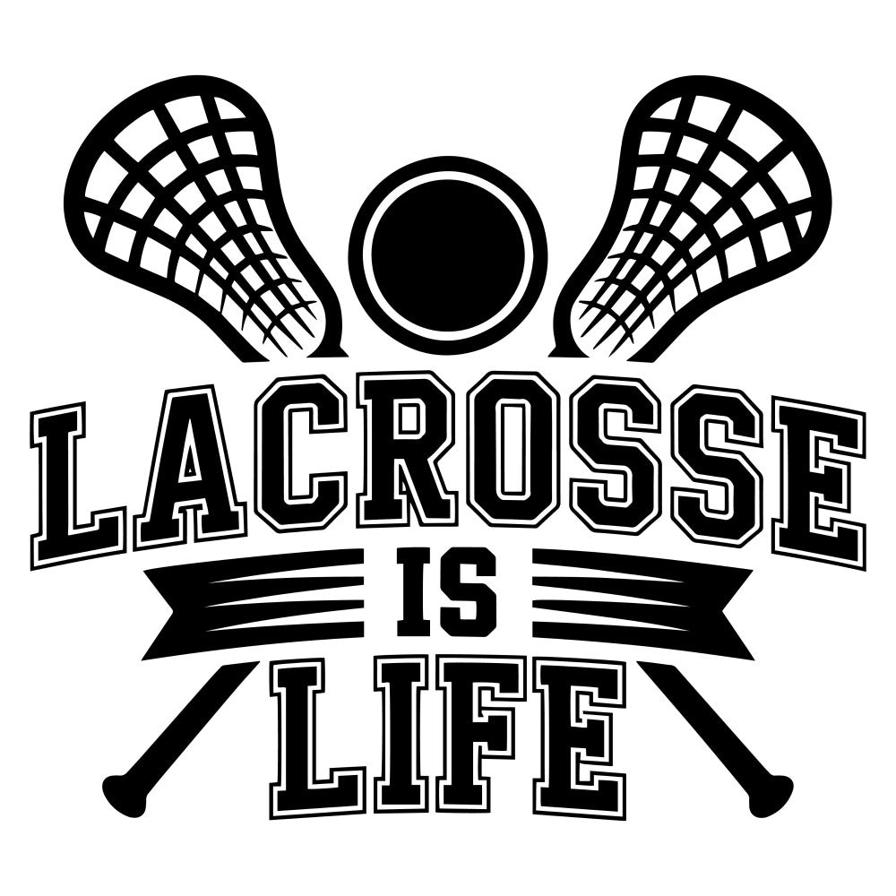 lacrosse, sports, black and white, monochrome, athletic, team sports, ball, sticks, crossed sticks, geometric, modern, motivational, "lacrosse is life", text design, quote, banner, sporty, youth sports, active wear, game day, school spirit, varsity, athletic wear, sports equipment, bold lettering, graphic design, contemporary, masculine