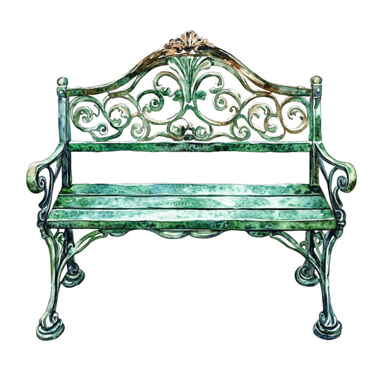 vintage garden bench, ornate metalwork, verdigris green, patina, scrollwork, botanical theme, garden furniture, victorian style, elegant design, traditional decor, architectural, decorative ironwork, ornamental details, baroque style, antique green, weathered finish, classical motifs, home decor, garden accessories, ornate scrolls, shell details, finial accents, cast iron aesthetic, outdoor furniture, romantic vintage, heritage style, nature-inspired, timeless elegance