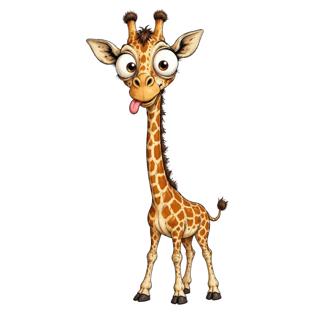 giraffe, cartoon giraffe, cute animals, whimsical, playful, children's, kids, baby, tan, golden yellow, brown, orange, cream, beige, animal print, spotted pattern, safari, wildlife, jungle, fun, humorous, tongue out, silly expression, nursery, baby quilt, wall hanging, playroom, cheerful, bright eyes, African animals