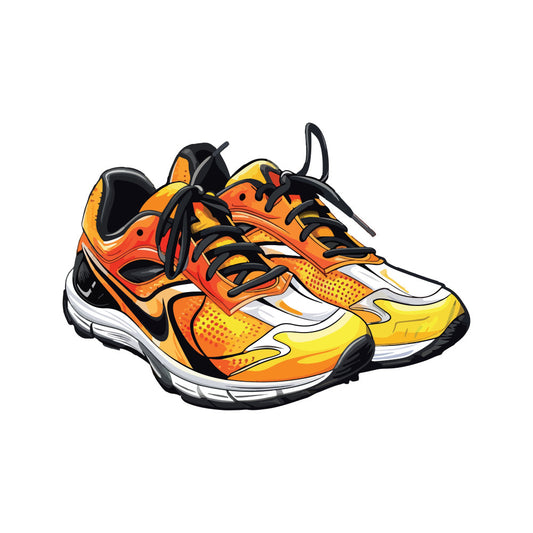 athletic shoes, bright orange, yellow, black, white, sports footwear, running shoes, sneakers, bold colors, modern style, active lifestyle, casual wear, youth fashion, energetic design, graphic print, multi-color pattern, contemporary, sporty, vibrant, neon yellow, flame orange, geometric shapes, dotted texture, dynamic motion, street style, unisex apparel, fashion illustration, trendy, colorful
