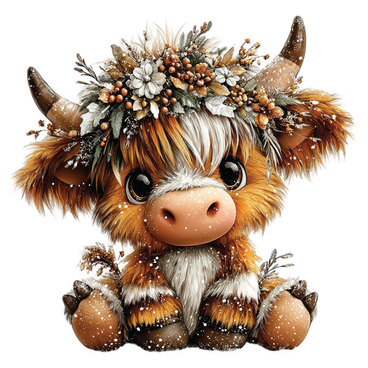 christmas highland cow, fabric panel, quilting cotton, winter floral crown, brown fur, orange tones, cream white, festive berries, pine branches, snow speckles, cute cartoon style, sitting pose, big dark eyes, fuzzy texture, holiday themed, seasonal decoration, whimsical illustration, warm earth tones, adorable character, winter wonderland