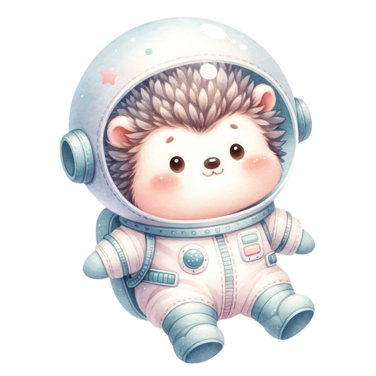 cute hedgehog astronaut, space themed, pastel pink, soft blue, dusty blue, cream white, whimsical, children's, baby, cosmic, stars, space explorer, animal character, sweet, adorable, nursery, gender neutral, soft colors, gentle, playful, celestial theme, space suit, helmet, sci-fi, futuristic, kawaii style, illustration, panel design, kids fabric, toddler