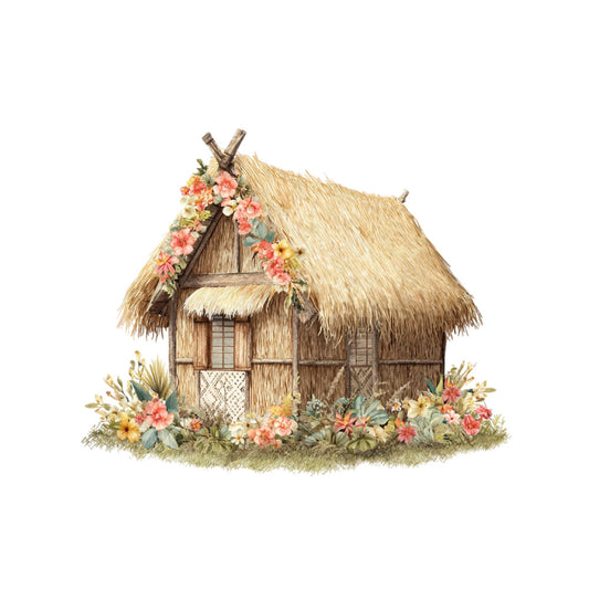 thatched roof cottage, straw roof, cottage core, floral, coral pink, cream, tan, beige, sage green, yellow, rustic, whimsical, farmhouse, vintage, nature, garden, flowers, cottage garden, spring, summer, charming, pastoral, countryside, folk art, decorative, wall hanging, panel print, storybook, cottage chic, botanical