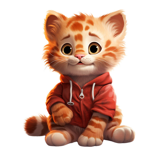 orange tabby kitten, red hoodie, pajamas, cute animal, cartoon style, digital illustration, fabric panel, quilting cotton, nursery decor, children's fabric, whimsical design, soft colors, playful mood, animal character, cozy clothing, striped fur, big eyes, adorable expression, craft project, sewing material
