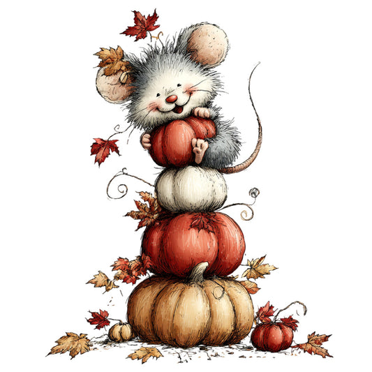 autumn, fall, mouse, cute animals, woodland, whimsical, harvest, pumpkin, apples, leaves, maple leaves, rust red, cream, tan, brown, orange, seasonal, children's, storybook, illustration, nature, farmhouse, rustic, sweet, charming, folk art, thanksgiving, september, october, november