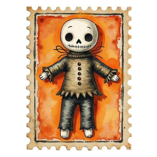 Halloween Postage Stamps Fabric Panel 1 features a spooky skeleton doll design on a premium quilting cotton fabric panel.
