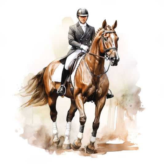 equestrian, horse, dressage, english riding, sport, brown horse, chestnut, tan, cream, white, gray, charcoal, watercolor, traditional, elegant, sophisticated, equine, rider, helmet, formal attire, double-breasted jacket, country, farmhouse, vintage, realistic, detailed illustration, animal portrait, sporting, competition, athletic