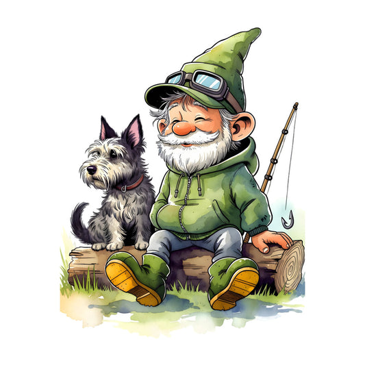 gnome, fishing, dog, terrier, scottish terrier, woodland, nature, animals, whimsical, folk art, vintage, rustic, fairy tale, storybook, green, sage green, olive green, golden yellow, orange, cream, white, gray, outdoor adventure, camping, lodge, country, charming, playful, children's, decorative panel