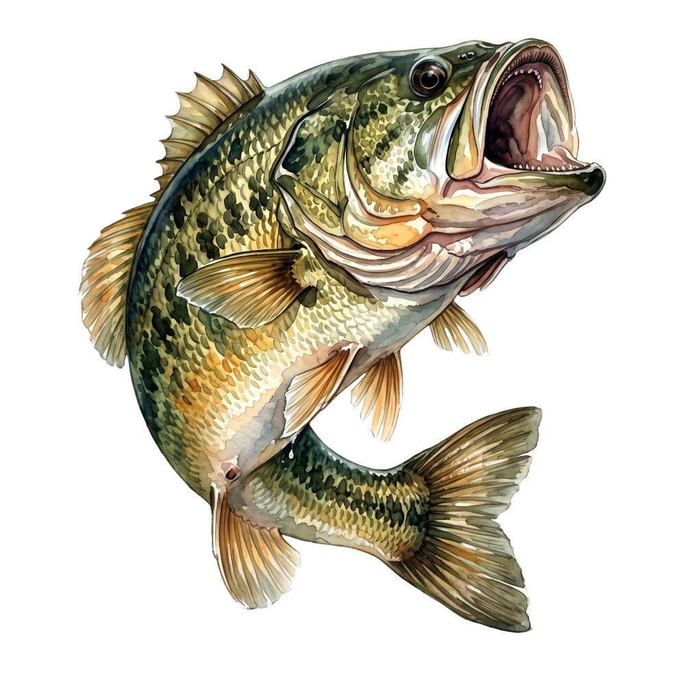largemouth bass, fishing, fish, wildlife, nature, animals, sportsman, outdoor, hunting, freshwater, scales, detailed illustration, realistic, green, gold, tan, bronze, cream, naturalistic, masculine, adventure, sports themed, men's interests, cabin decor, lodge style, rustic, traditional, bass fishing