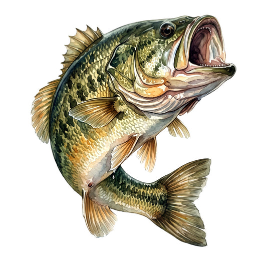 largemouth bass, fishing, fish, wildlife, nature, animals, sportsman, outdoor, hunting, freshwater, scales, detailed illustration, realistic, green, gold, tan, bronze, cream, naturalistic, masculine, adventure, sports themed, men's interests, cabin decor, lodge style, rustic, traditional, bass fishing
