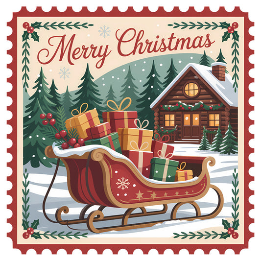 Vintage Christmas Stamps Fabric Panel 27 features a classic holiday sleigh filled with gifts, snowy log cabin, and festive pine trees.