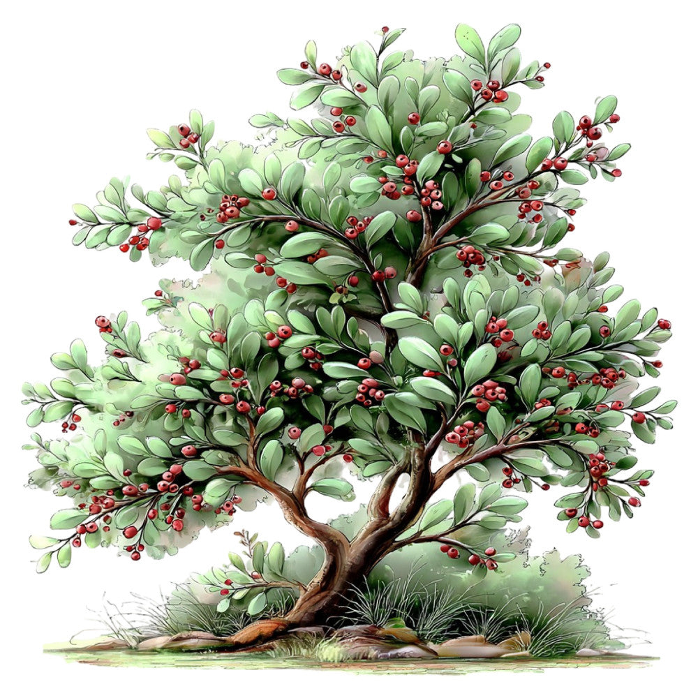 sage green, forest green, red berries, burgundy red, botanical, nature, tree, fruit tree, leaves, berries, rustic, traditional, farmhouse, country, autumn, fall, harvest, woodland, natural, organic, cottage style, vintage, illustration, detailed, dense foliage, berry picking, orchard, elegant, peaceful