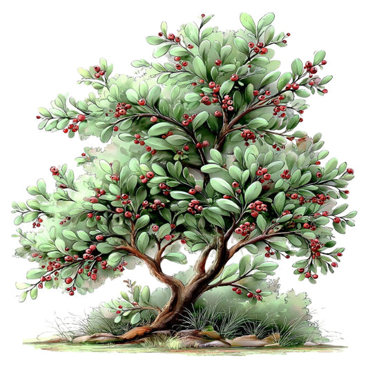 sage green, forest green, red berries, burgundy red, botanical, nature, tree, fruit tree, leaves, berries, rustic, traditional, farmhouse, country, autumn, fall, harvest, woodland, natural, organic, cottage style, vintage, illustration, detailed, dense foliage, berry picking, orchard, elegant, peaceful